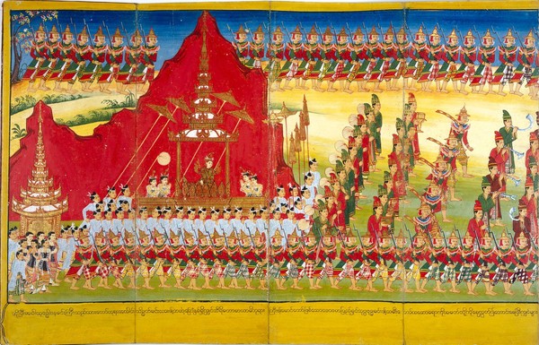 The procession of Princes Yasodhara, seated in a palanquin and surrounded by soldiers and courtesans, arriving for her marriage to Prince Siddhattha, Bodhisatta. In the procession are minor officials, musician, soldiers, ministers and spectators