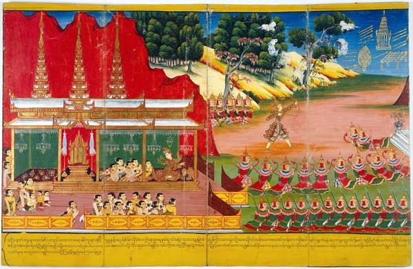 (Left) Princess Yasodhara points to Prince Siddhattha, Bodhisatta performing feats of archery. (Right) The demonstration of the archery skills of Prince Siddhattha, showing three, (top right) of the twelve feats as in the Sarabhanga Jataka, one of the stories of the former lives of Buddha.