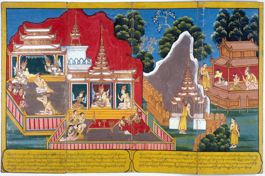 (Far left) The ascetic Kaladevala and the king pay