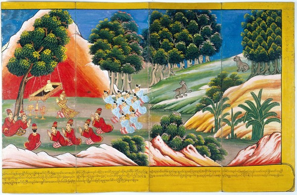 King Suddhodana, courtiers and other men pay their respects to Bodhisatta, siting on a swing in the lotus possition, a second time