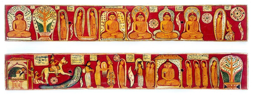 Illustrated Sinhalese covers (inside) showing the events between the Bodhisatta's renunciation and the request by Brahna Sahampati that he teach the Docrine after he becomes a Buddha.