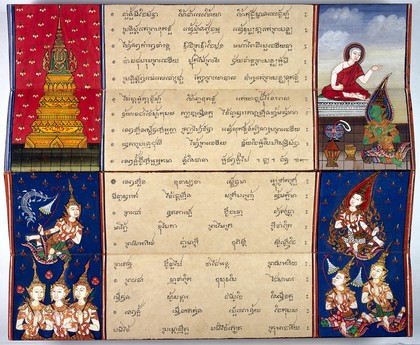 The monk Phra Malai converses with Indra in heaven (top right) and a bodhisattva in heaven with accompanying angels (bottom)