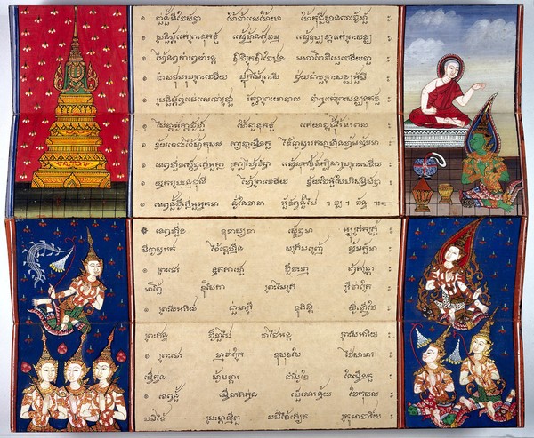 The monk Phra Malai converses with Indra in heaven (top right) and a bodhisattva in heaven with accompanying angels (bottom)