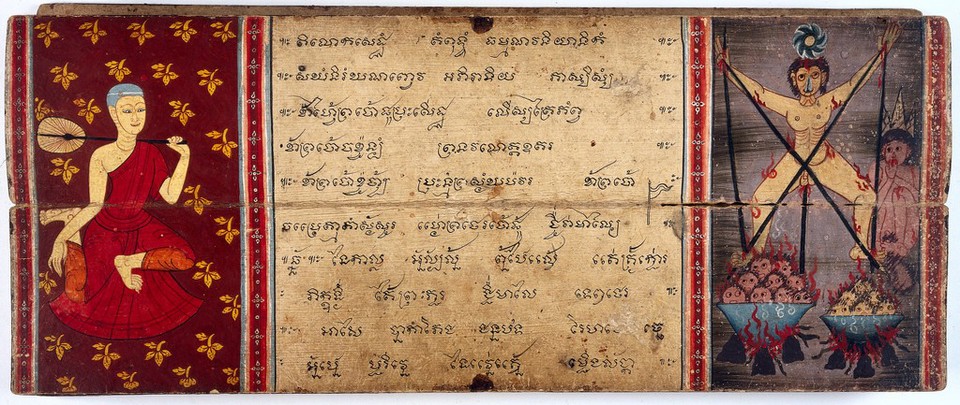 The monk Phra Malai (left) and a scene from hell (right)