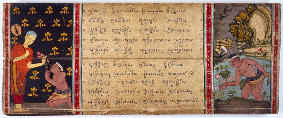 A poor woodcutter picks lotus flowers in a pond (right) and presents them to the monk Phra Malai (left)