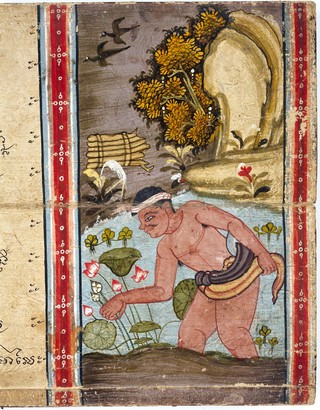 A poor woodcutter picks lotus flowers in a pond (detail of right side)