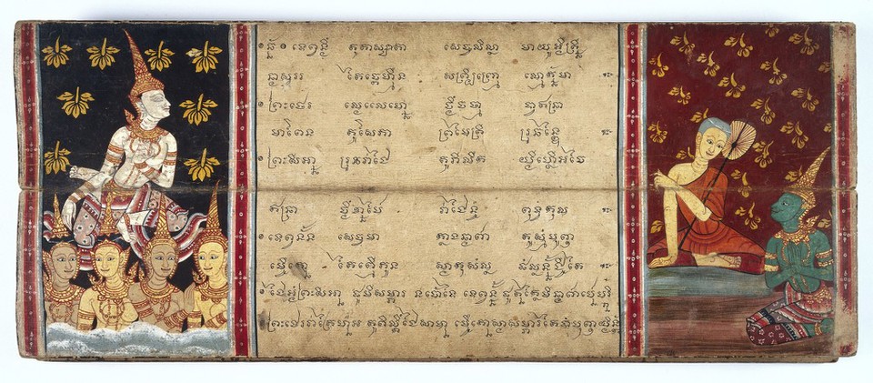The monk Phra Malai converses with Indra in heaven (right) and a bodhisattva in heaven with his attendants (left)