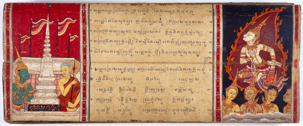 The monk Phra Malai converses with Indra in heaven next to Chulamani Pagoda (left) and a bodhisttva with attendants in heaven (right)