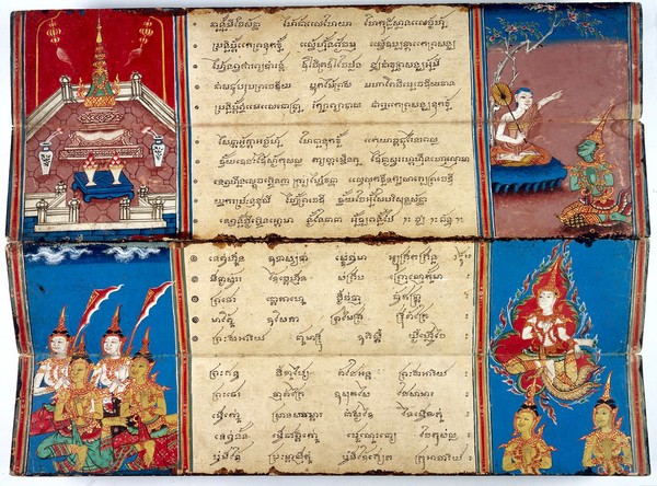 The monk Phra Malai converses with Indra in heaven (top right) and a bodhisattva in heaven with accompanying angels (bottom)