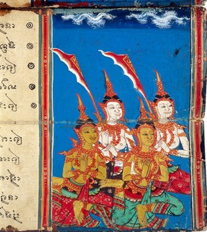 view Bodhisattva in heaven with accompanying angels (detail of bottom left)