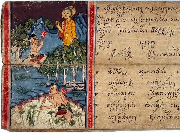 The monk Phra Malai receiving a lotus bouquet, from a poor woodcutter, to carry up to heaven to offer at the Chulamani Pagoda or Chedi (Detail of left side)