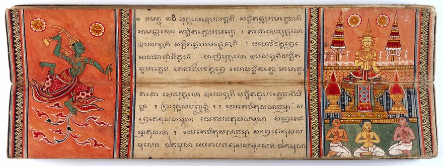 The birth tale of Candakumara: on the left, the god Indra descends from heaven to destroy a ceremonial parasol marking an evil ceremony created in order to sacrifice the hero Prince Candakumara. To the right Candakumara on the throne; he is about to be sacrificed on a pyre by the three evil brahimns who are seated before him