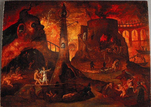 An angel leading a soul into hell. Oil painting by a follower of Hieronymus Bosch.