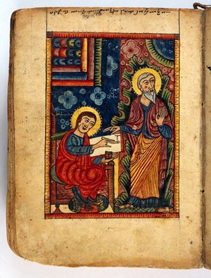 view The Four Gospels, 1495, the Evangelist dictating his Gospel to his pupil Prochoros