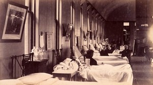 view Bellevue Hospital, New York City: a ward for male patients with case-notes clipped to wall above beds. Photograph, ca. 1885/1898.