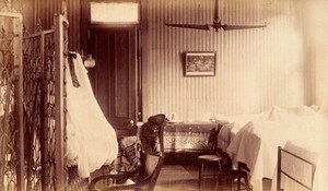 view Bellevue Hospital, New York City: a nurse's sitting room (?), or end of ward, with cage on left, three beds visible on right. Photograph.