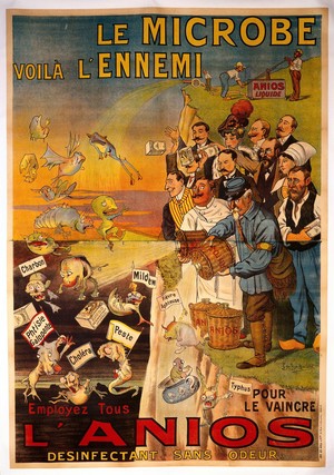 view People using Anios disinfectant to destroy microbes representing infectious diseases. Colour lithograph by G. de Trye-Maison, ca. 1910.