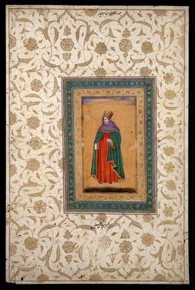 European priest carrying a book and holding a rosary. At the top of the page is written Faranswa-e Pariz (Francois, the Parisian). Under the minature is writen Hakim Murtaza Husayn, probably the priests Persian name. The front of a double-sided qit'a, a piece or selection or fragment of poetry or prose mounted and given as gifts or used as wall decorations