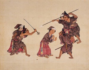 view Hei Miao, Three fierce fighting men from the Hei Miao (Black Miao) tribe being appeased by three women.