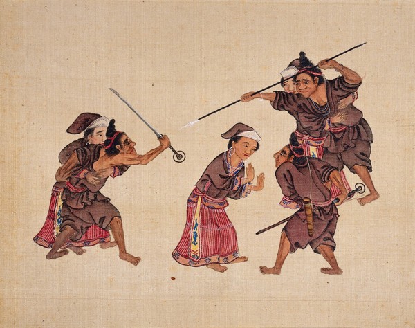 Hei Miao, Three fierce fighting men from the Hei Miao (Black Miao) tribe being appeased by three women.