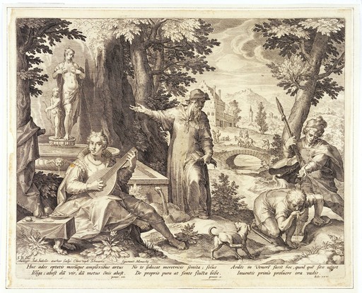 Hieronymus Fracastorius (Girolamo Fracastoro) shows the shepherd Syphilus and the hunter Ilceus being warned against yielding to temptation with the danger of infection with syphilis. Engraving by Jan Sadeler I after Christoph Schwartz, 1588/1595.