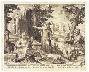 view Hieronymus Fracastorius (Girolamo Fracastoro) shows the shepherd Syphilus and the hunter Ilceus a statue of Venus to warn them against the danger of infection with syphilis. Engraving by Jan Sadeler I, 1588/1595, after Christoph Schwartz.