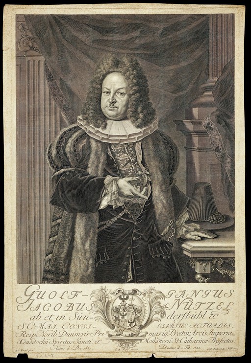 Wolfgang Jacob Nützel. Line engraving by J. W. Windter, 1727, after a drawing by G.M. Preissler after a painting by Johann Kenckel.