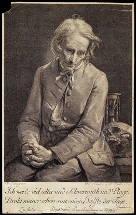 An elderly man with a skull and an hourglass, representing the misery of old age. Engraving by C.G. Schultze, 1770, after C.-F. Hutin.