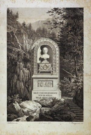 view Bad Kreuth, Bavaria: the healing spring, and monument to King Maximilian I of Bavaria. Lithograph by F. Lacroix, 1828, after C. Heinzmann after J.-B. Métivier.