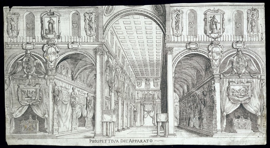 The church of San Lorenzo, Florence, with funerary decorations to mark the death of King Henri IV of France. Etching, 1610.
