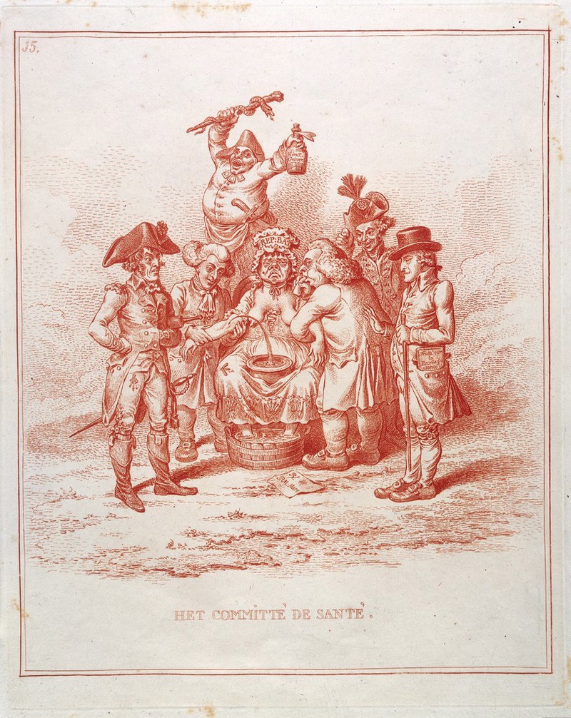 The countries of Europe representing physicians and surgeons trying to regenerate a woman personifying the Dutch republic. Etching attributed to James Gillray, 1796, after David Hess., [1797?], by David Hess