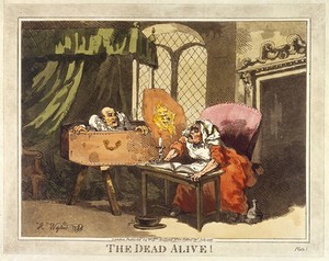 view A man supposed to be dead arising from his coffin and surprising his wife (?). Coloured aquatint, 1805, after a drawing by Henry Wigstead, 1784.