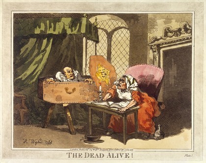 A man supposed to be dead arising from his coffin and surprising his wife (?). Coloured aquatint, 1805, after a drawing by Henry Wigstead, 1784.