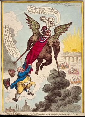 The "Ministry of all the Talents", personified by Charles James Fox, promising to convey John Bull towards the promised land, but really to hell. Coloured etching by James Gillray, 1806.