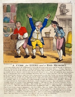 An itinerant doctor, by a subterfuge, cures an undergraduate hoaxer of his supposed maladies of lying and bad memory. Coloured etching by T. Rowlandson, 1807, after G.M. Woodward.