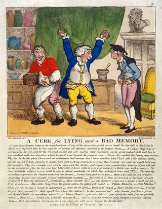 An itinerant doctor, by a subterfuge, cures an undergraduate hoaxer of his supposed maladies of lying and bad memory. Coloured etching by T. Rowlandson, 1807, after G.M. Woodward.