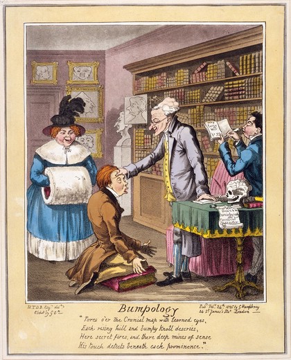A phrenologist in his consulting room, examining the head of a young man and dictating the results to his assistant while a woman looks on. Coloured etching by George Cruikshank, 1826, after H.T.D.B.