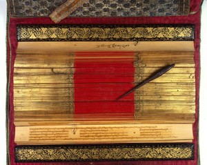 view Thai Buddhist Manuscript inscribed on plam-leaves with a me