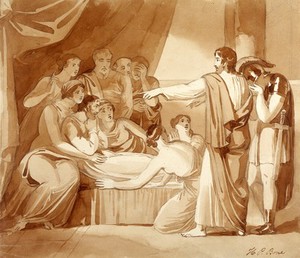 view King Ahaziah lies sick after having fallen through an upper window: Elijah foretells his death. Drawing by H.P. Bone.