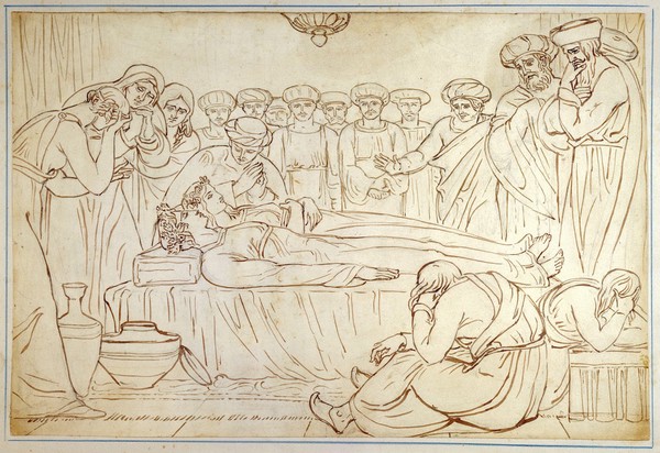 A young man and a young woman lying dead side by side, while they are mourned by men wearing turbans. Drawing attributed to Joshua Cristall.