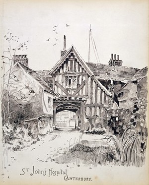 view St John's Hospital, Canterbury: the gatehouse from the courtyard. Drawing by E.C., 1899(?).