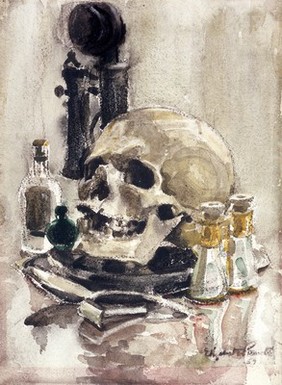 The five senses and death. Watercolour by Elizabeth Painter, 1957.