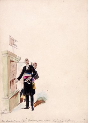 The Panama Canal: the French Ministry of Justice discovers that the bank account of the company formed to build the canal is empty. Watercolour drawing by H.S. Robert, ca. 1897.