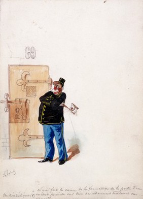 The Panama Canal: for an enquiry into its financing, a policeman guards a prison-cell in which some of the principals are remanded. Watercolour drawing by H.S. Robert, ca. 1897.