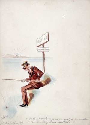 view The Panama Canal: Dr Cornelius Herz, one of those responsible for its financing, having fled France, spends his time fishing in Bournemouth. Watercolour drawing by H.S. Robert, ca. 1897.