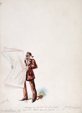 The Panama Canal: Dr Cornelius Herz, having fled to Bournemouth, reads in a newspaper that he is being sought by the police for his part in the mismanagement of the canal's financing. Watercolour drawing by H.S. Robert, ca. 1897.