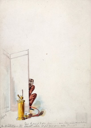 The Panama Canal: Dr Cornelius Herz, having fled to Bournemouth to escape the results of his mismanagement of the canal's financing, simulates illness to avoid extradition to France. Watercolour drawing by H.S. Robert, ca. 1897.
