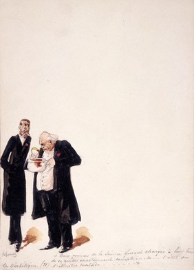 The Panama Canal: to determine whether he was fit to be extradited, two eminent physicians examine the stools of Dr Cornelius Herz, who had fled France to escape the results of his mismanagement of the canal's financing. Watercolour drawing by H.S. Robert, ca. 1897.