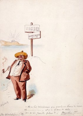 The Panama Canal: having fled France to escape the results of his mismanagement of the canal's financing, Dr Cornelius Herz escapes extradition on the ground that he has a terminal illness, and lives happily in Bournemouth for fifteen years. Watercolour drawing by H.S. Robert, ca. 1897.