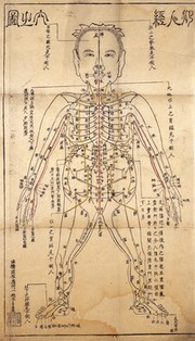 Illustration showing bodily tracks and their acupuncture points. One of three large sheets prepared by Okamoto Ippo